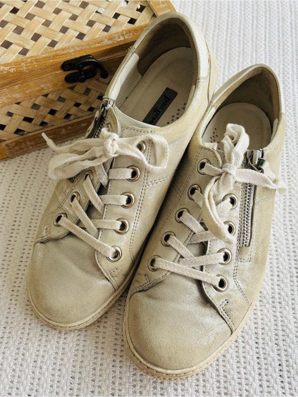 Paul Green Light Beige Leather Sneakers with Side Zipper